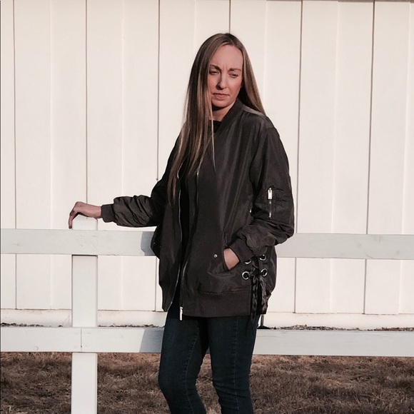 Grey Lace Up Bomber Jacket - Picture 5 of 8